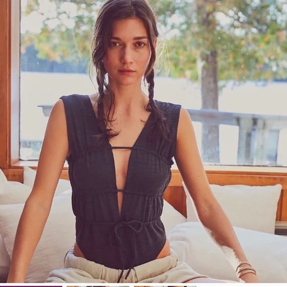 Free People Black Plunging Tie-Front Ribbed Bodysuit